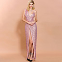 Sheath / Column Sexy Sparkle Prom Formal Evening Dress V Neck Sleeveless Floor Length Spandex Sequined with Split 2020
