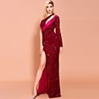 Sheath / Column Sexy Sparkle Wedding Guest Prom Dress One Shoulder Long Sleeve Floor Length Sequined with Sequin Split 2020