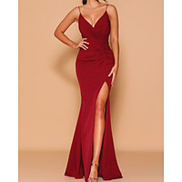 Sheath / Column V Neck / Spaghetti Strap Floor Length Chiffon Bridesmaid Dress with Draping / Split Front