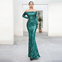 Sheath / Column Vintage Sexy Prom Formal Evening Dress Off Shoulder Long Sleeve Floor Length Sequined with Sequin 2020