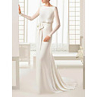 Sheath / Column Wedding Dresses Bateau Neck Sweep / Brush Train Floor Length Satin Tulle Long Sleeve Simple Elegant with Bow(s) Buttons 2020