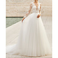 Sheath / Column Wedding Dresses Jewel Neck Chapel Train Lace Tulle Long Sleeve Country with 2020