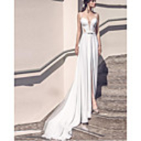 Sheath / Column Wedding Dresses Jewel Neck Court Train Chiffon Sleeveless Beach with 2020