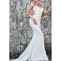 Sheath / Column Wedding Dresses Jewel Neck Court Train Lace Satin Long Sleeve Mordern Illusion Sleeve with Lace Insert 2020