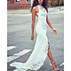 Sheath / Column Wedding Dresses Jewel Neck Court Train Lace Sleeveless Beach with Split Front 2020