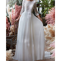 Sheath / Column Wedding Dresses Jewel Neck Floor Length Chiffon Lace Long Sleeve Country Simple with 2020