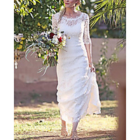 Sheath / Column Wedding Dresses Jewel Neck Floor Length Lace Long Sleeve Romantic Vintage with Appliques 2020