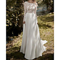 Sheath / Column Wedding Dresses Jewel Neck Sweep / Brush Train Chiffon Lace Long Sleeve Beach with 2020