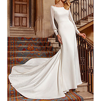 Sheath / Column Wedding Dresses Jewel Neck Sweep / Brush Train Chiffon Stretch Satin Long Sleeve Simple Vintage with 2021 miniinthebox
