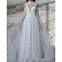 Sheath / Column Wedding Dresses Jewel Neck Sweep / Brush Train Lace Tulle Long Sleeve Country with 2020