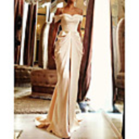 Sheath / Column Wedding Dresses Off Shoulder Sweep / Brush Train Stretch Satin Sleeveless Simple with Ruched Split Front 2020