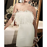 Sheath / Column Wedding Dresses Strapless Short / Mini Satin Feather Sleeveless Country Plus Size with Feathers / Fur 2020