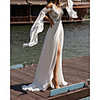 Sheath / Column Wedding Dresses V Neck Court Train Chiffon Lace Long Sleeve Beach with Split Front 2020