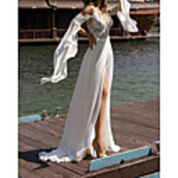 Sheath / Column Wedding Dresses V Neck Court Train Chiffon Lace Long Sleeve Beach with Split Front 2020