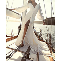 Sheath / Column Wedding Dresses V Neck Floor Length Chiffon Long Sleeve Simple Beach with 2020