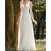 Sheath / Column Wedding Dresses V Neck Floor Length Lace Tulle Long Sleeve Country Beach with 2020