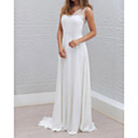 Sheath / Column Wedding Dresses V Neck Sweep / Brush Train Chiffon Lace Sleeveless Simple Beach with Pleats Lace Insert 2020