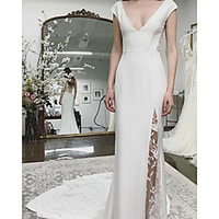 Sheath / Column Wedding Dresses V Neck Sweep / Brush Train Italy Satin Sleeveless Romantic Simple with Lace Appliques Split Front 2020
