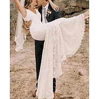 Sheath / Column Wedding Dresses V Neck Sweep / Brush Train Lace Sleeveless Country Beach with Appliques 2020