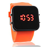 Silicone Band Women Men Unisex Jelly Sport Style Square Mirror LED Wrist Watch - Orange
