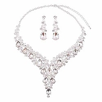 silver gold wedding bridal bridesmaid austrian crystal rhinestone jewelry sets statement choker necklace drop dangle earrings sets for wedding party prom (white crystal)
