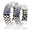 Silvery Metal Strip Digital Lava Style Iron Sport Couple Blue LED Faceless Wrist Watch