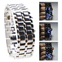 Silvery Metal Strip Digital Lava Style Iron Sport Mens Blue LED Faceless Wrist Watch