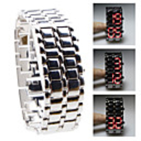 Silvery Metal Strip Digital Lava Style Iron Sport Womens Red LED Faceless Wrist Watch