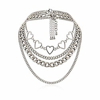 simple hearts necklace lolita choker chain for girls women layered cuban chunky chain necklace chic style wedding dress jewelry (silver 1)
