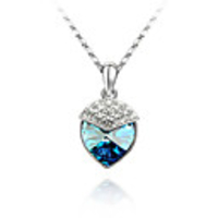 Sky Blue Shining Crystal And Platinum Plated Alloy Heart Shaped Pendant Necklace