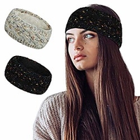 soft thick knit fleece lined womens cold weather winter headband ear warmer 2 pack value (confetti black/confetti beige) miniinthebox