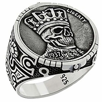solid 925 sterling silver skull crown liberty 1937 coin style gothic biker retro novelty ring for men (skull,  11.5)