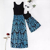 Solid Stitching Printed Sleeveless Dresses for Mommy and Me miniinthebox