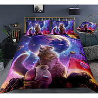 Space Cat Print 3-Piece Duvet Cover Set Hotel Bedding Sets Comforter Cover with Soft Lightweight Microfiber,  Include 1 Duvet Cover,  2 Pillowcases for Double/Queen/King(1 Pillowcase for Twin/Single)