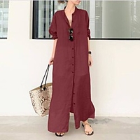 spot 2021 new product cross-border amazon retro solid color ladies long-sleeved cotton and linen robe shirt dress miniinthebox