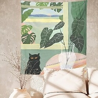 Spring Botanical Cat Print Tapestry 1 Piece miniinthebox