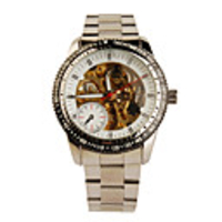 Stainless Steel Band Skeleton Luminous Men Automatic Wristwatch White Golden
