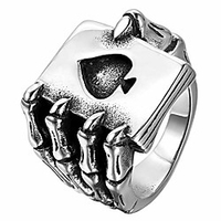 stainless steel bikers gothic skull hand claw poker card ace charm ring bands for men halloween cosplay, size 9