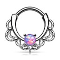 stainless steel lacey single opal 16g septum clicker ring - choose blue,  white,  pink or purple synthetic opal (purple)