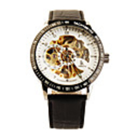 Stainless Steel Mechanical Wristwatch with Genuine PU Leather Band Black White