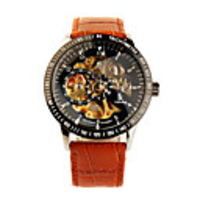 Stainless Steel Mechanical Wristwatch with Genuine PU Leather Band Brown Black