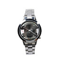 Stainless steel round shape quartz watch with black ghost skeleton head