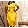 stand-up collar,  short sleeves,  high waist,  large size,  slim fit,  casual business wear,  hip skirt with wooden ears,  women