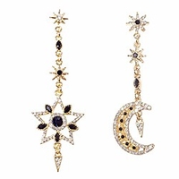 star moon asymmetrical earrings dangle - 1 pair gold moon star mismatched earrings stud with rhinestone for women - crescent moon earrings star pentagram - idea gift for wife,  sister,  girl,  daily wear