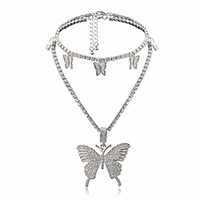 statement big butterfly pendant necklace - rhinestone tennis chain butterfly choker set for women girls,  bling bling gold silver chain iced out necklace jewelry gifts (silver set)