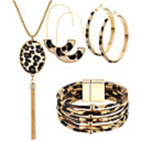 statement leopard jewelry set for women leopard leather bracelet teardrop drop dangle earrings long tassel pendant necklace christmas jewelry gift (2-leopard series jewelry)