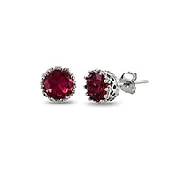 sterling silver created red ruby crown stud earrings