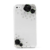 Stylish Translucent Case with Crystals for iPhone 4 (Black Flower)