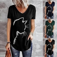 Summer V-Neck Bottoming Long-Sleeved Daily Casual Cute Cat Printing T-Shirt Women miniinthebox