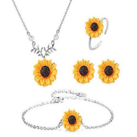 sunflower faux pearl leaf chain resin boho petal pendant necklace with sunflower bracelet earrings ring for women jewelry accessories (silver)